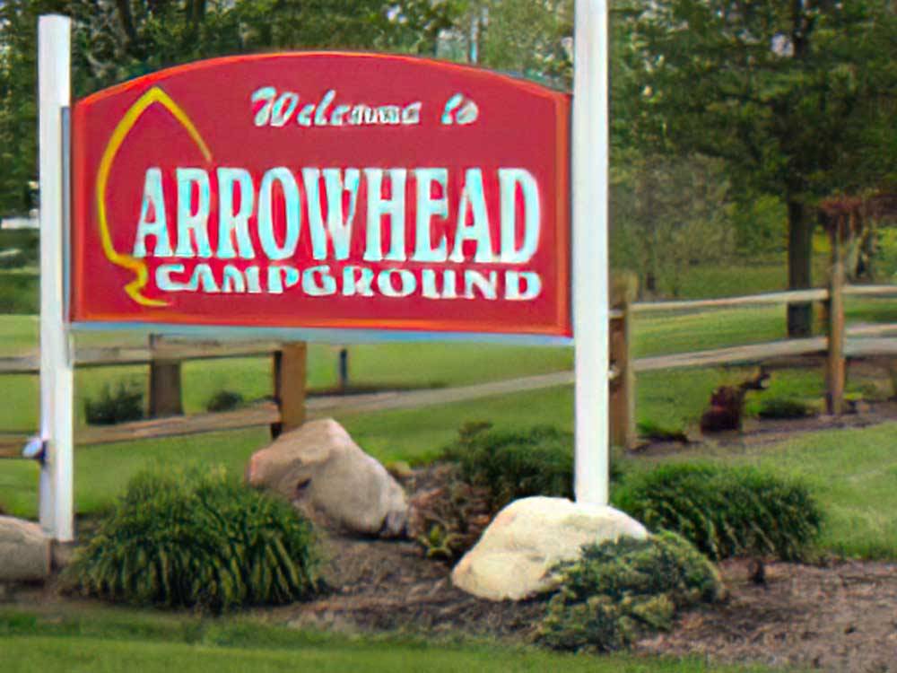 Welcome sign near front entrance at ARROWHEAD CAMPGROUND