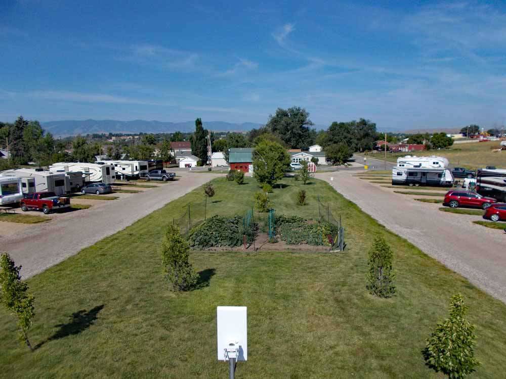 Overhead view of park and garden in the center grass area at PETER D'S RV PARK