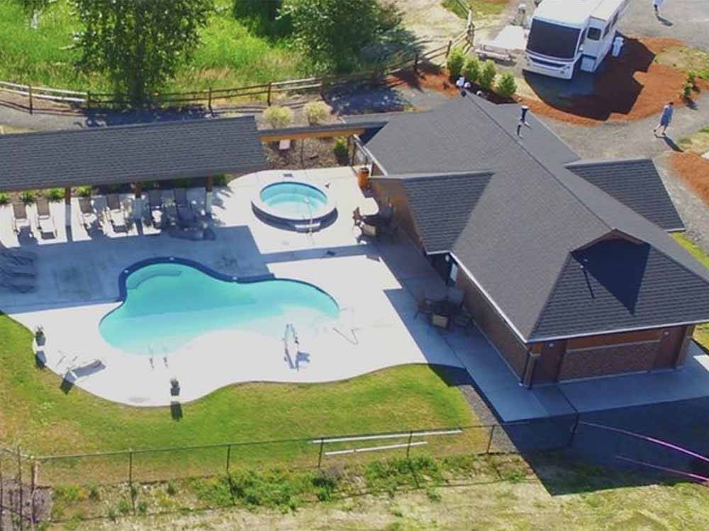 An aerial view of the clubhouse and pool at SILVER SPUR RV PARK & RESORT