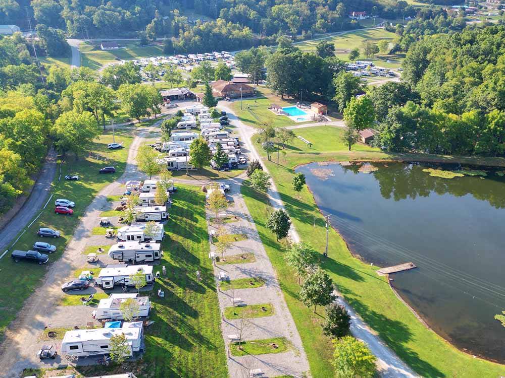 An aerial view of the back in RV sites at FOX DEN ACRES CAMPGROUND