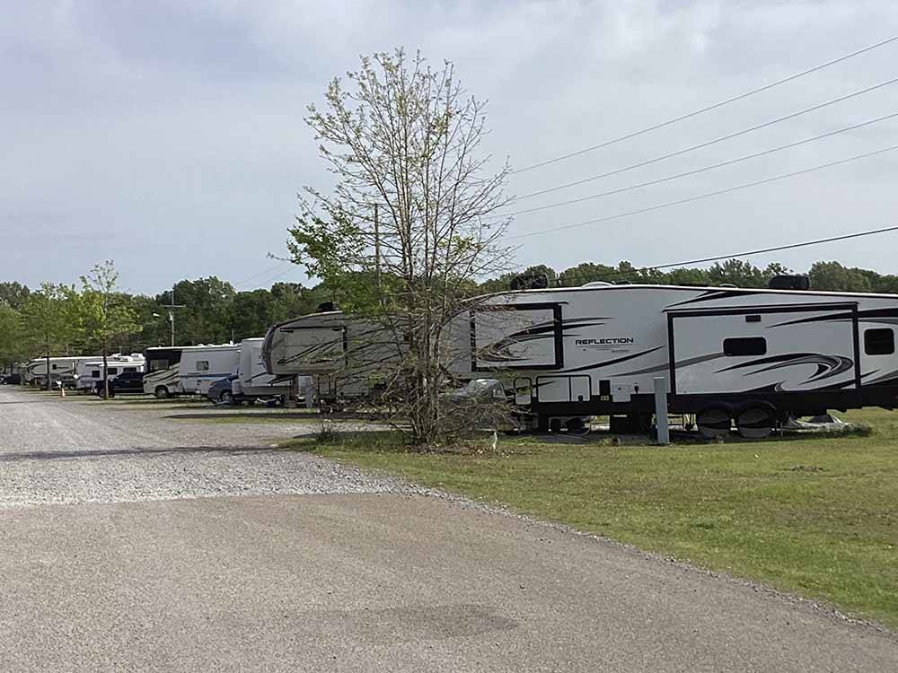 A row of RVs along a gravel road at MOVIETOWN RV PARK