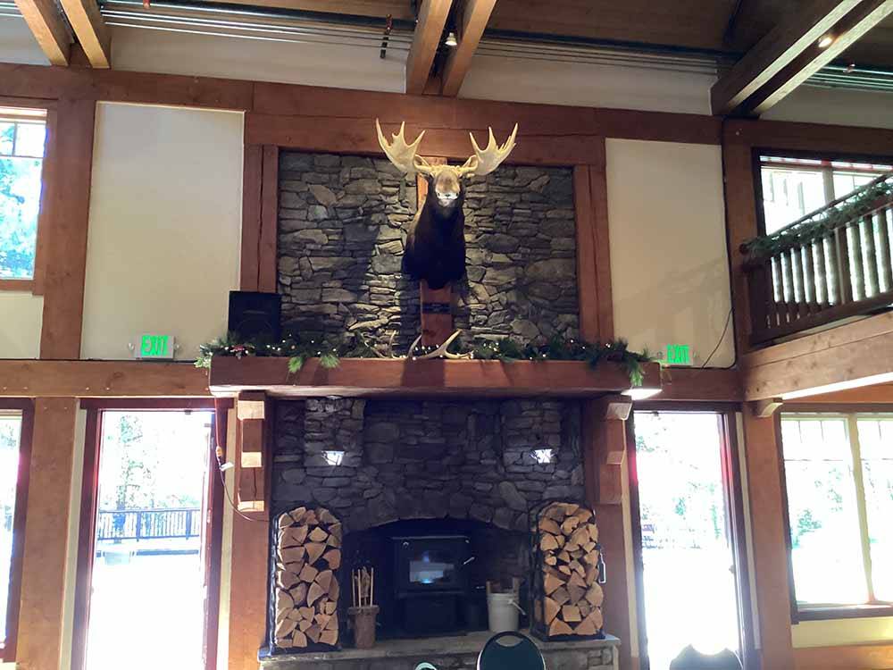 A moose head hanging over the fireplace at MCCALL RV RESORT
