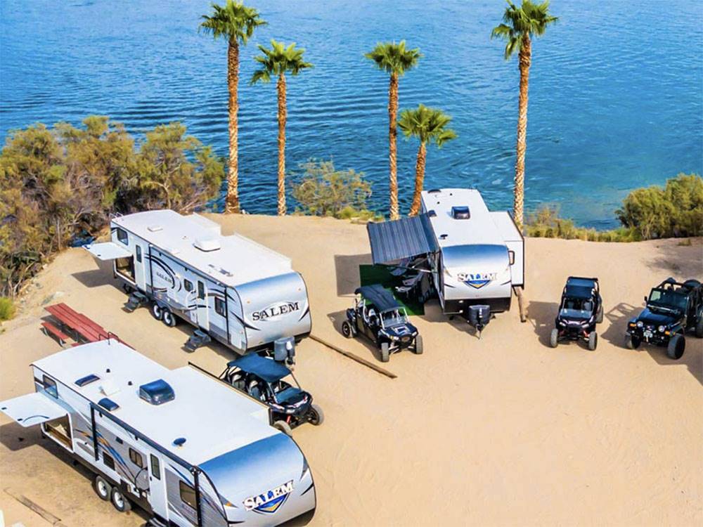 Aerial view of fifth wheels and ATVs at PIRATE COVE RESORT & MARINA