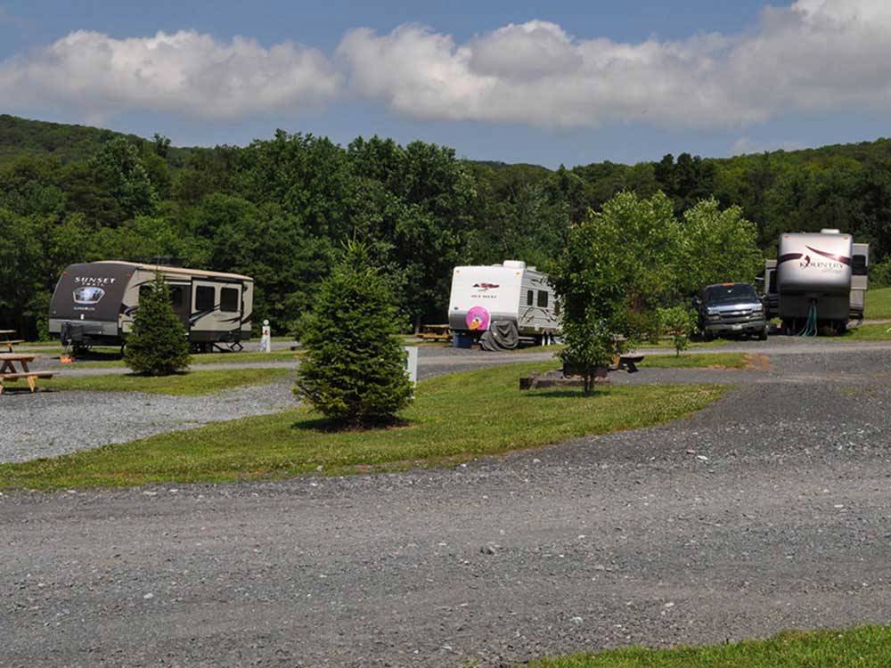 Trailers parked at sites at TWIN GROVE RV RESORT & COTTAGES
