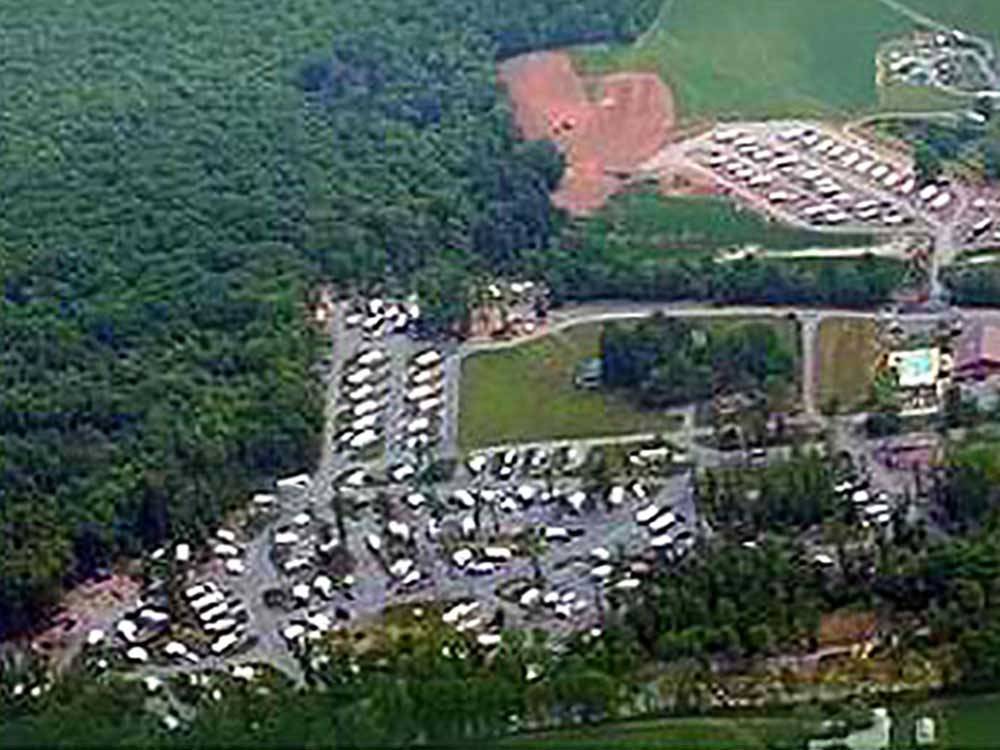 Aerial view over campground at TWIN GROVE RV RESORT & COTTAGES