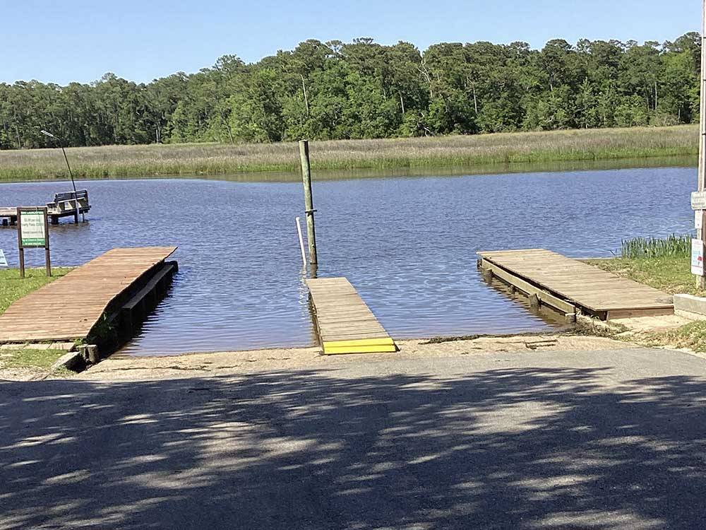 A row of empty docks at INDIAN POINT RV RESORT