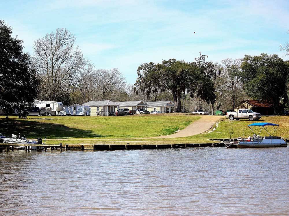 Boats docked on the lake at INDIAN POINT RV RESORT