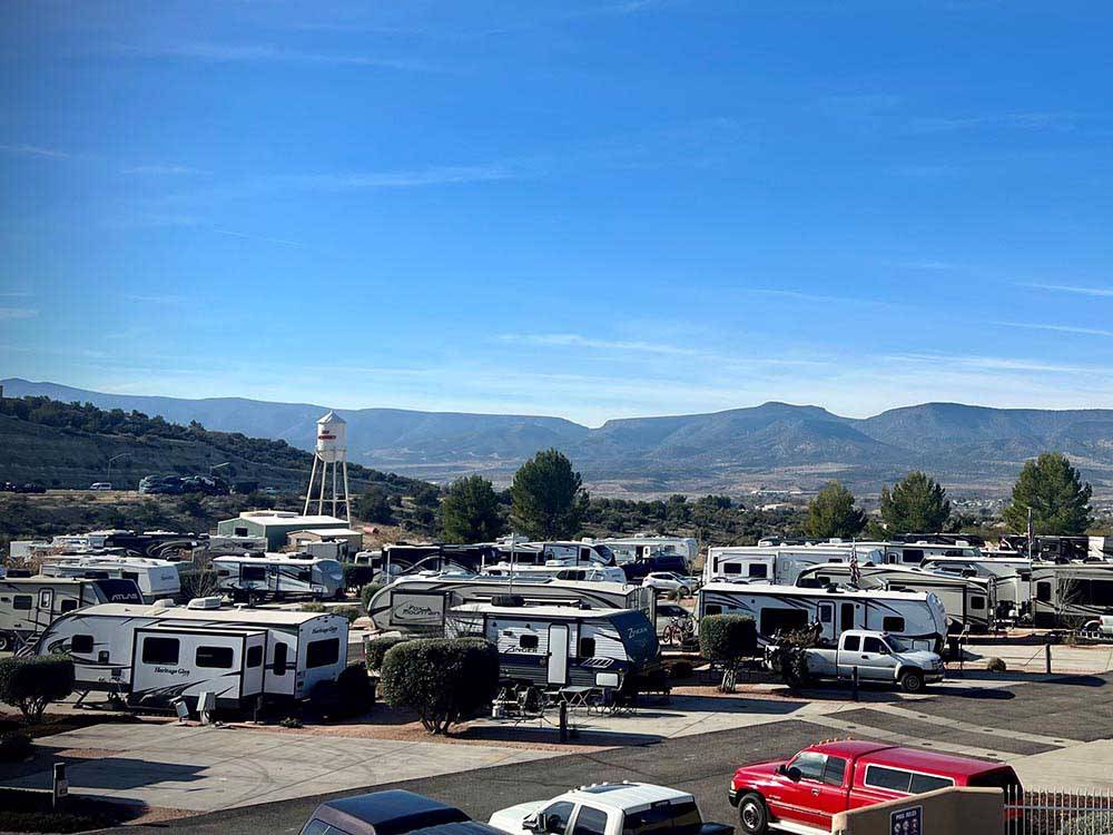 Aerial view of travel trailers parked in sites at DISTANT DRUMS RV RESORT