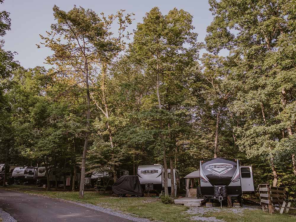 A row of trailers parked under tall trees at HERITAGE COVE RESORT