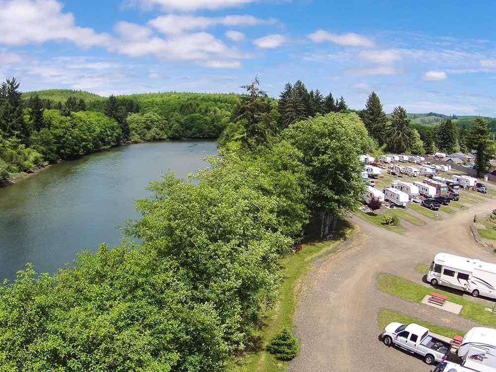 An aerial view of the RV sites and river at HOQUIAM RIVER RV PARK
