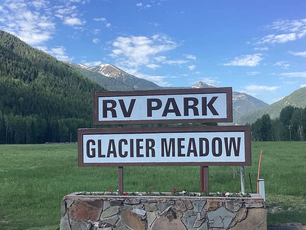 Business sign near entrance at GLACIER MEADOW RV PARK