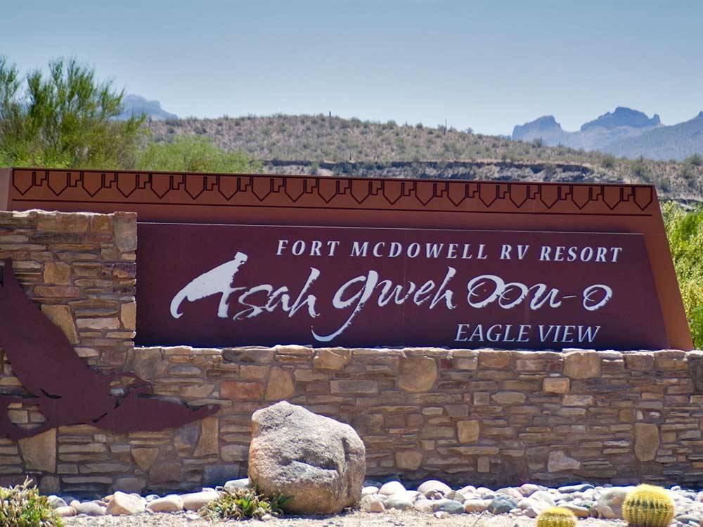 Campground sign near entrance at EAGLE VIEW RV RESORT ASAH GWEH OOU-O AT FORT MCDOWELL