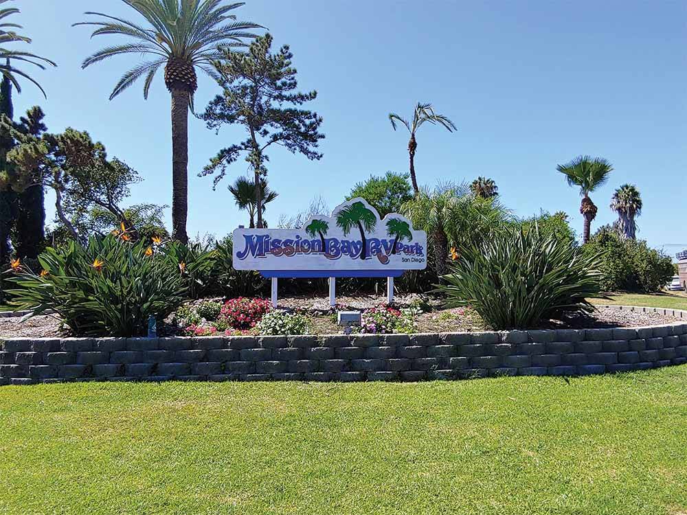 The front entrance sign at MISSION BAY RV RESORT