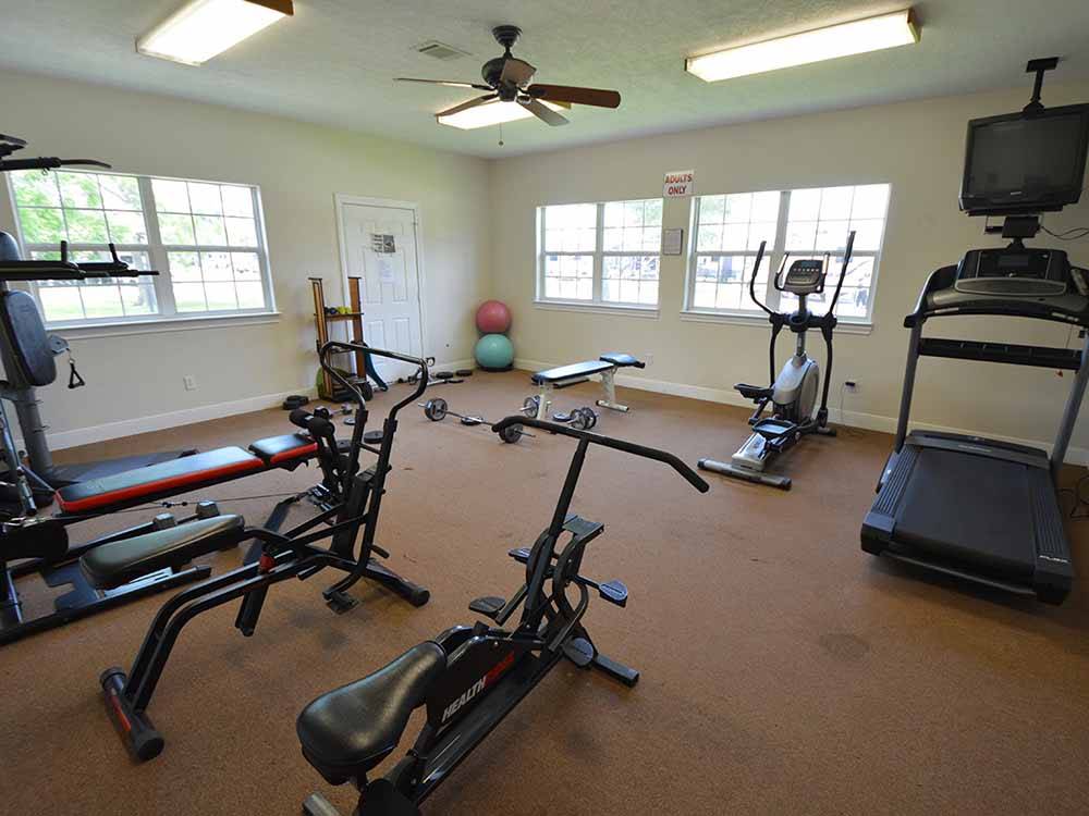 Fully equipped exercise room at SAN JACINTO RIVERFRONT RV PARK