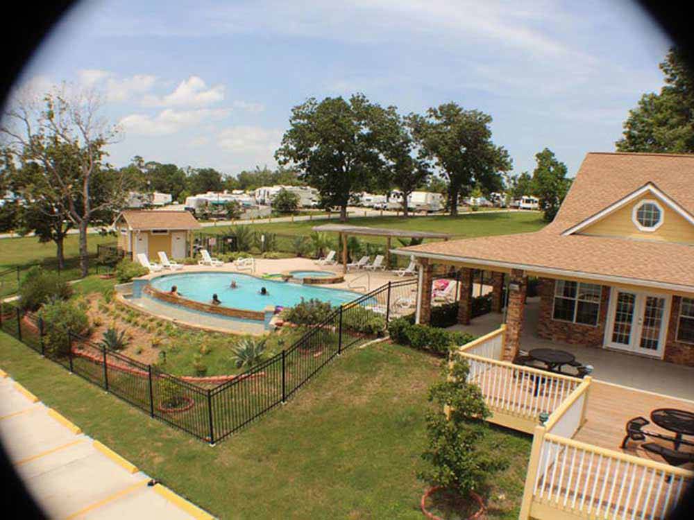 Overhead view of main building and pool at SAN JACINTO RIVERFRONT RV PARK