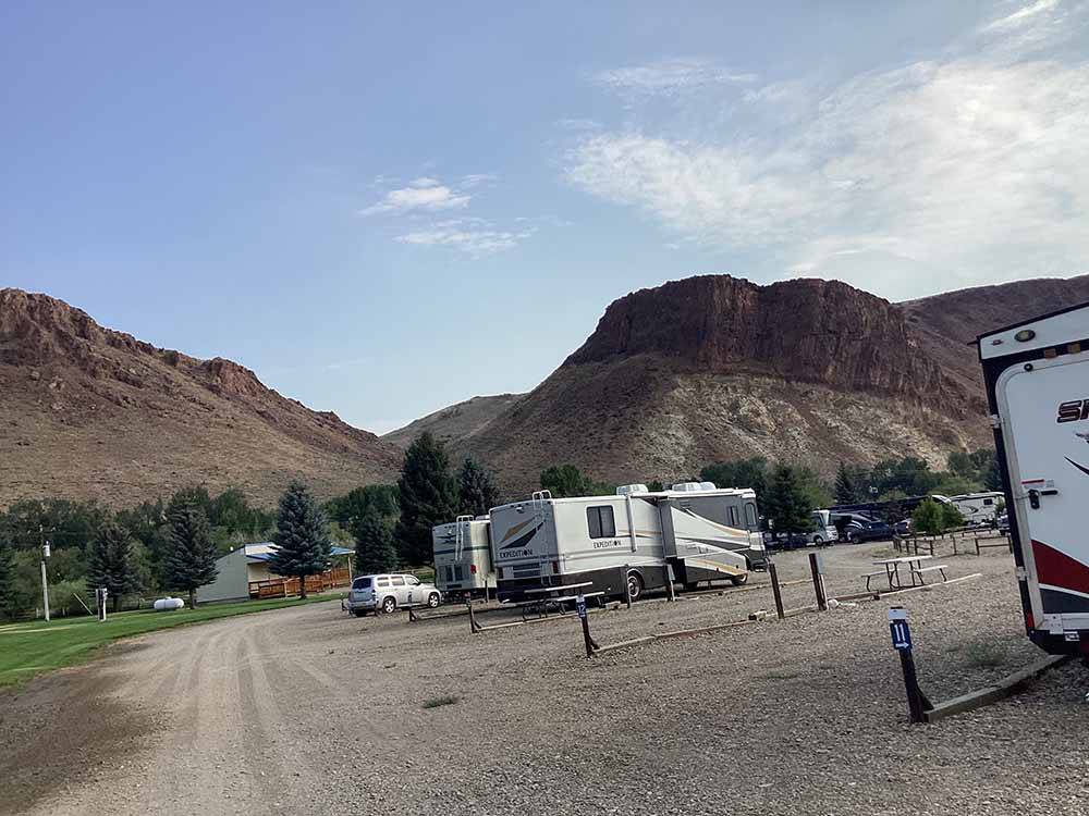 A row of gravel back in sites at CHALLIS GOLF COURSE RV PARK