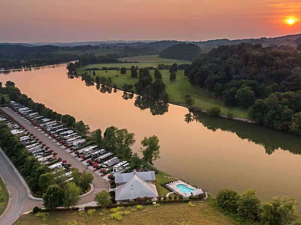 An aerial view of the campsites by the river at TWO RIVERS LANDING RV RESORT