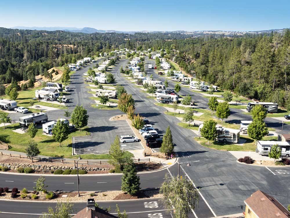 Aerial view of RV sites and scenery at JACKSON RANCHERIA RV PARK