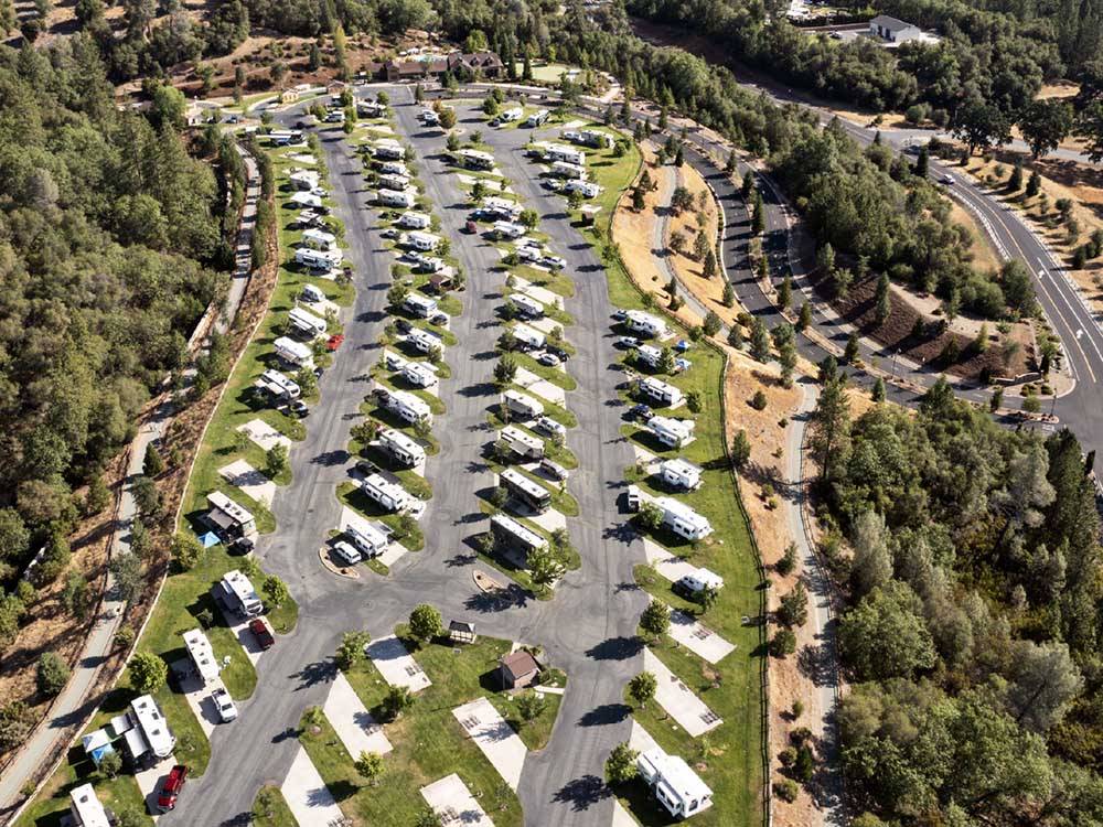 Aerial view of RVs surrounded by trees at JACKSON RANCHERIA RV PARK