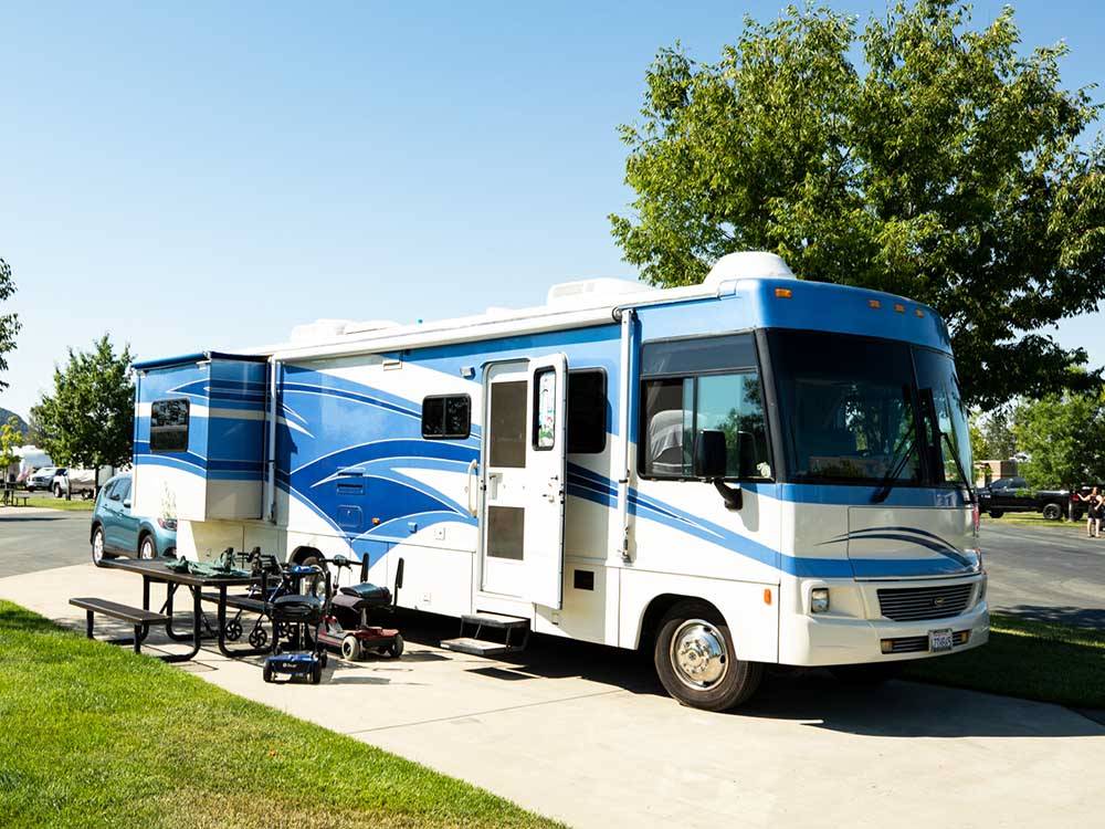Class A Motorhome parked at campground at JACKSON RANCHERIA RV PARK
