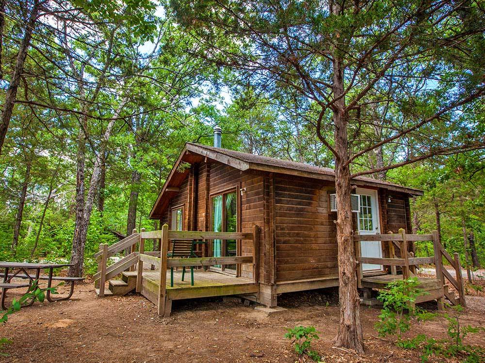 Log cabin with deck and picnic table in the woods at THOUSAND TRAILS LAKE TEXOMA