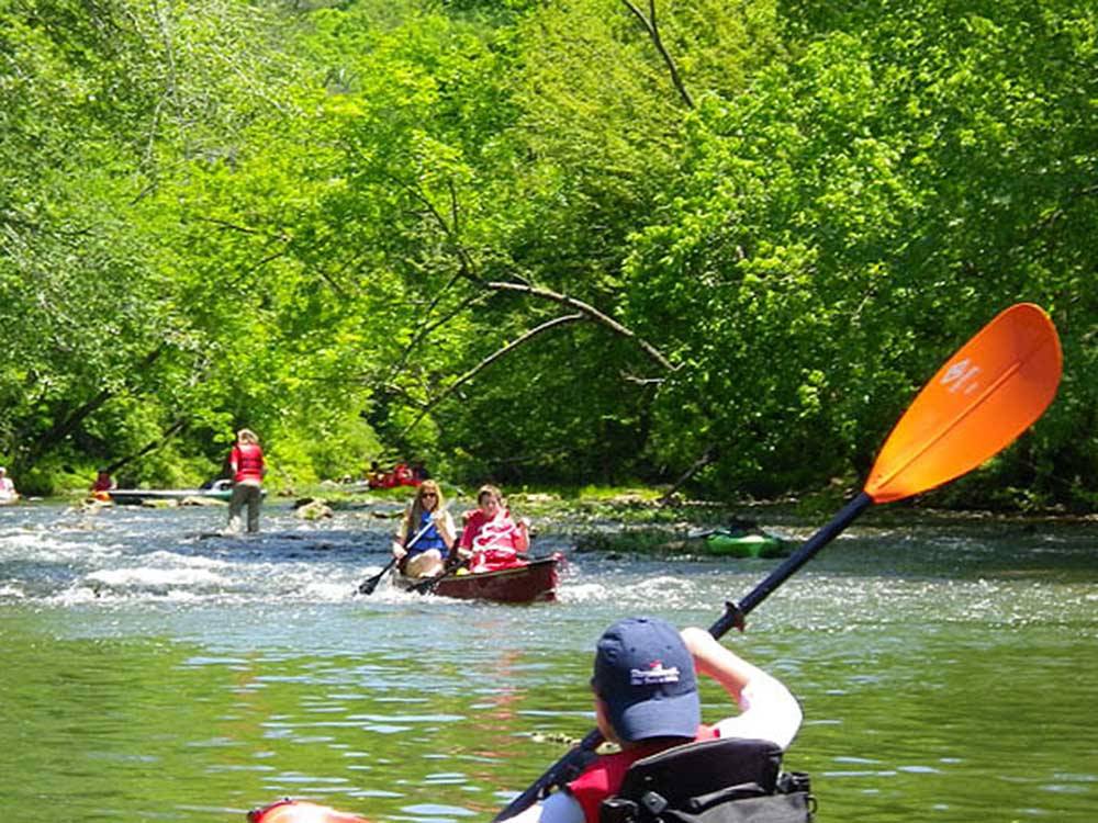 A group of people kayaking in the river at CEDAR CREEK RV & OUTDOOR CENTER