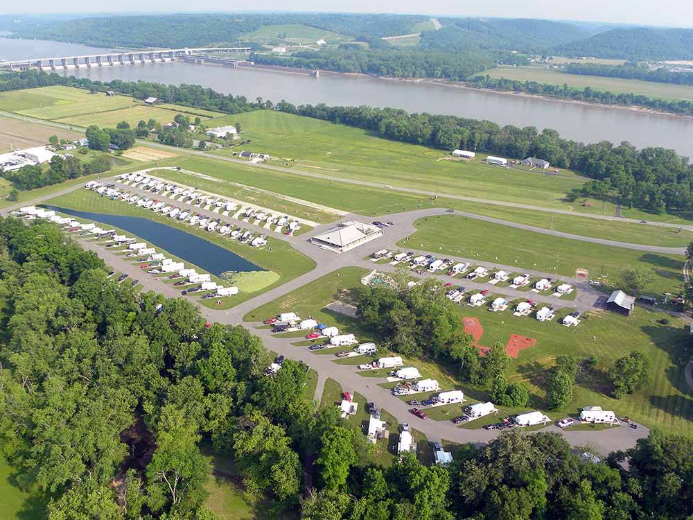 An aerial view of the campground at FOLLOW THE RIVER RV RESORT