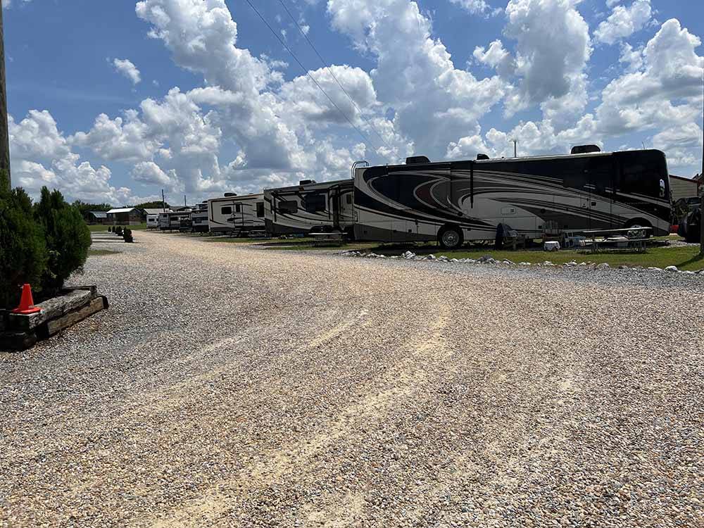 A long line of occupied gravel RV sites at MONTGOMERY SOUTH RV PARK & CABINS