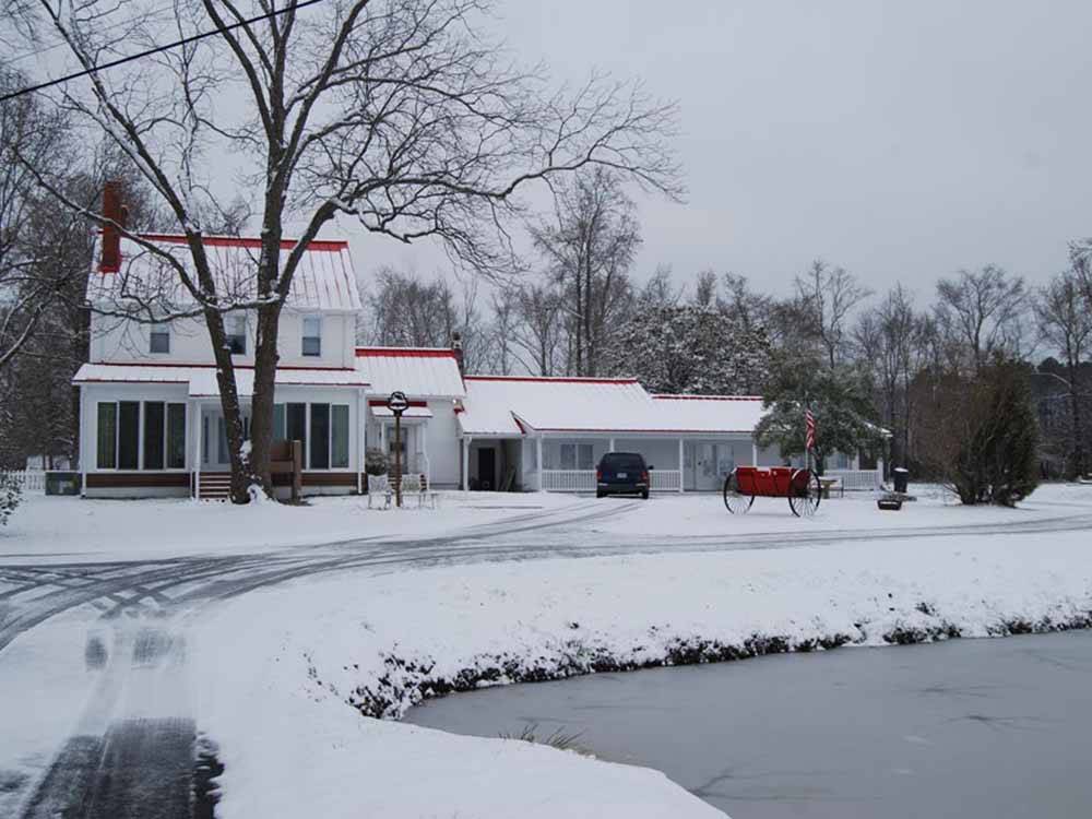 The main building in the snow at CHESAPEAKE CAMPGROUND