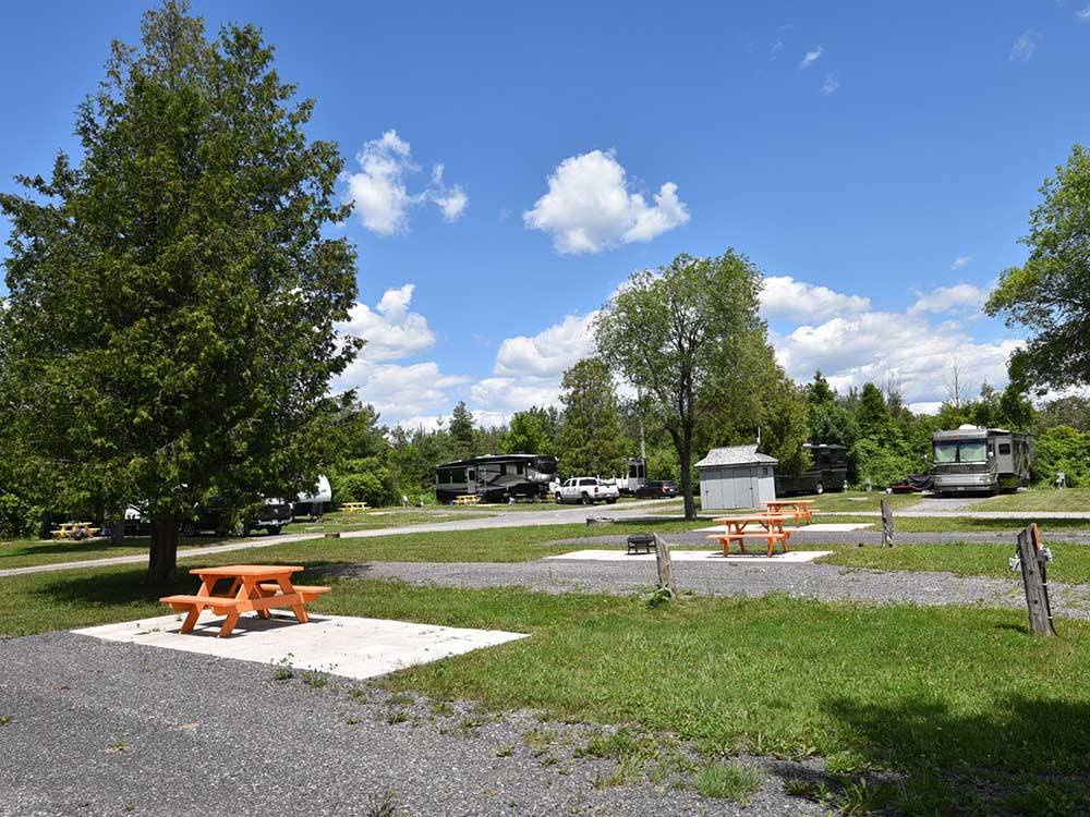 A row of RV sites with picnic benches at CAMP HITHER HILLS