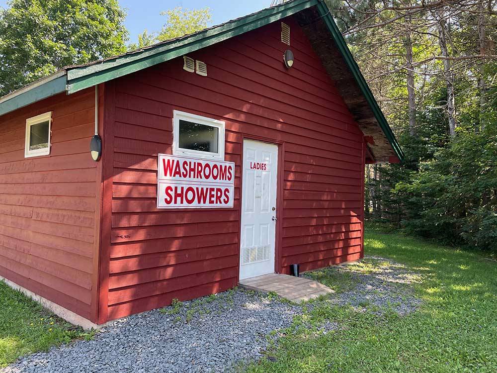 The red washroom and shower building at SCOTIA PINE CAMPGROUND