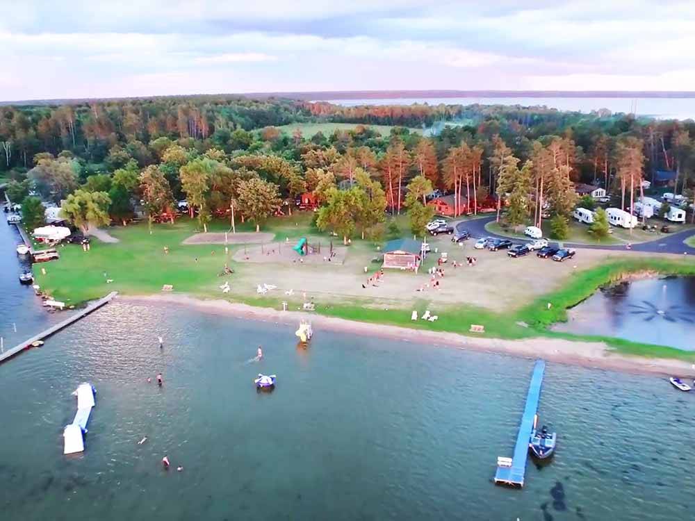 An aerial view of the beach area at STONY POINT RESORT RV PARK & CAMPGROUND