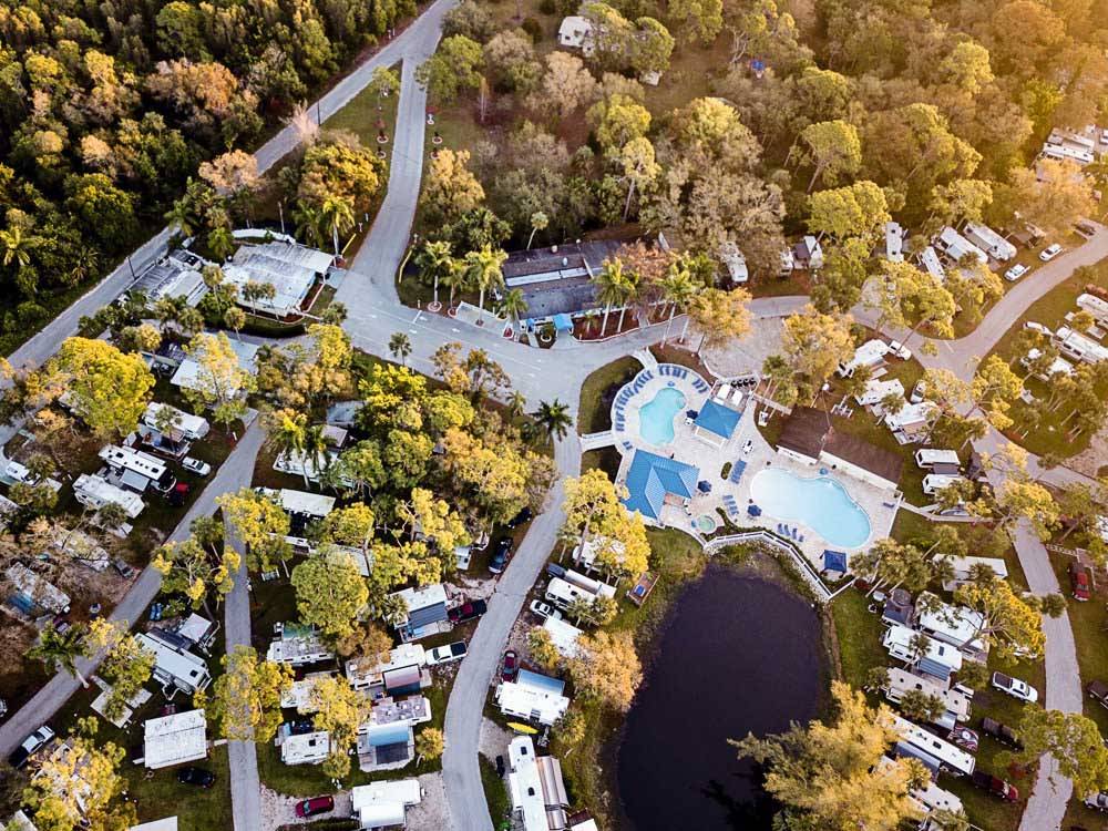 Aerial view of RVs parked in lush sites landscapes with pools at BLUEWAY RV VILLAGE