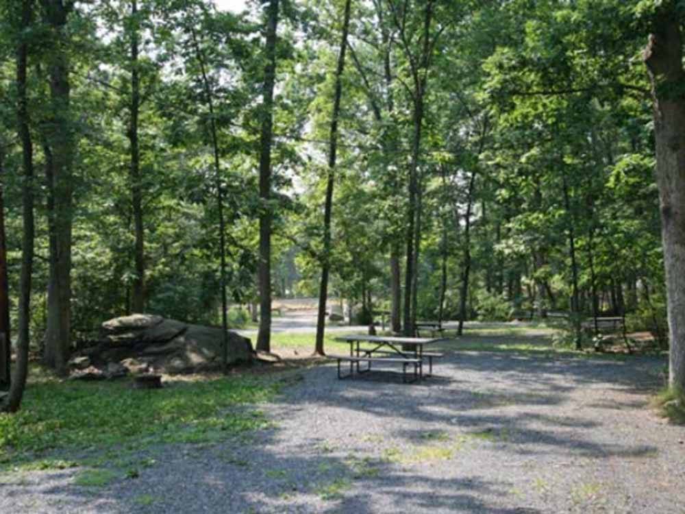 An RV site with a park bench at DRUMMER BOY CAMPING RESORT
