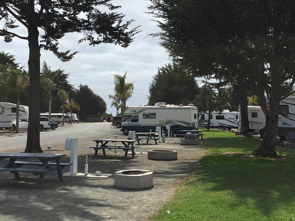 Picnic benches and trailers parked at PISMO COAST VILLAGE RV RESORT