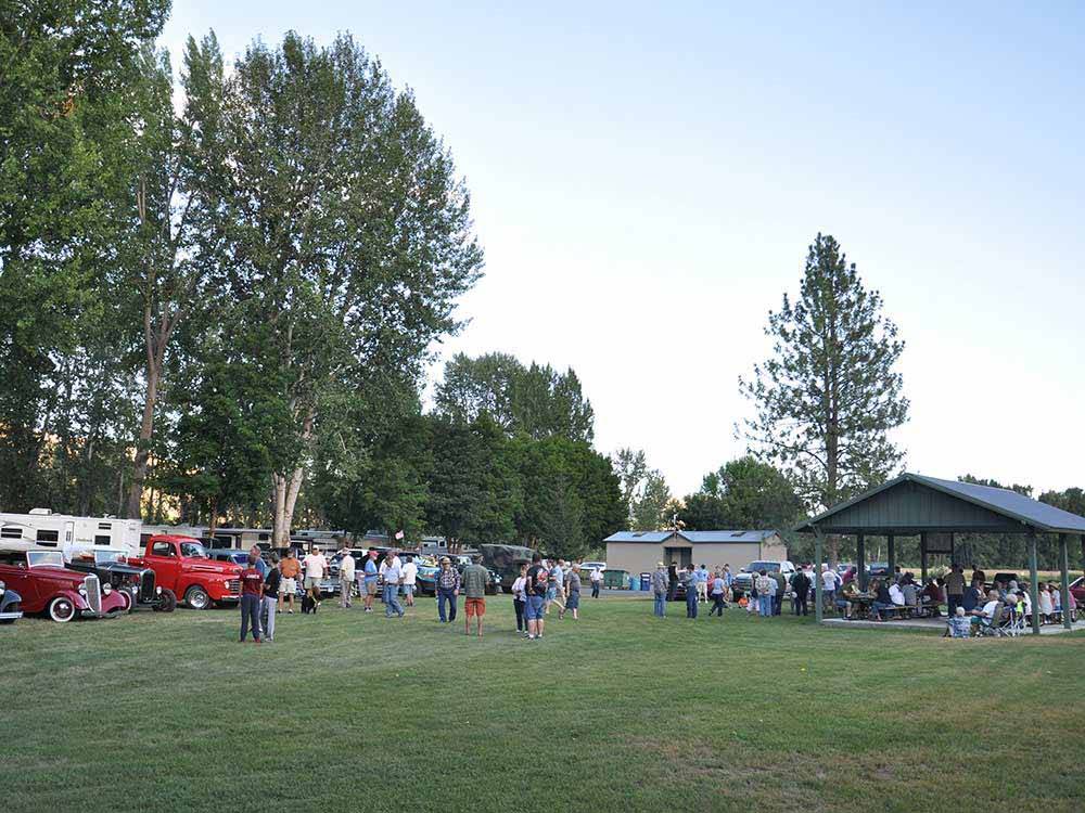 A classic car show on the grass at RIVERBEND RV PARK OF TWISP