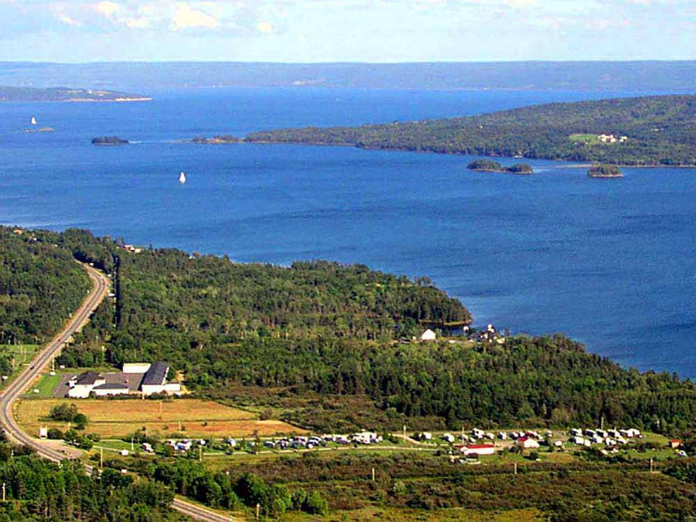 Amazing aerial view over resort at BRAS D'OR LAKES CAMPGROUND ON THE CABOT TRAIL
