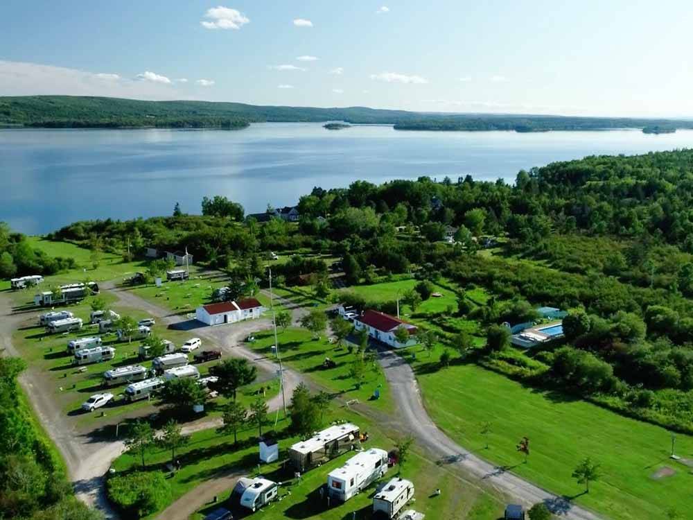 Aerial view of the campground and lake at BRAS D'OR LAKES CAMPGROUND ON THE CABOT TRAIL