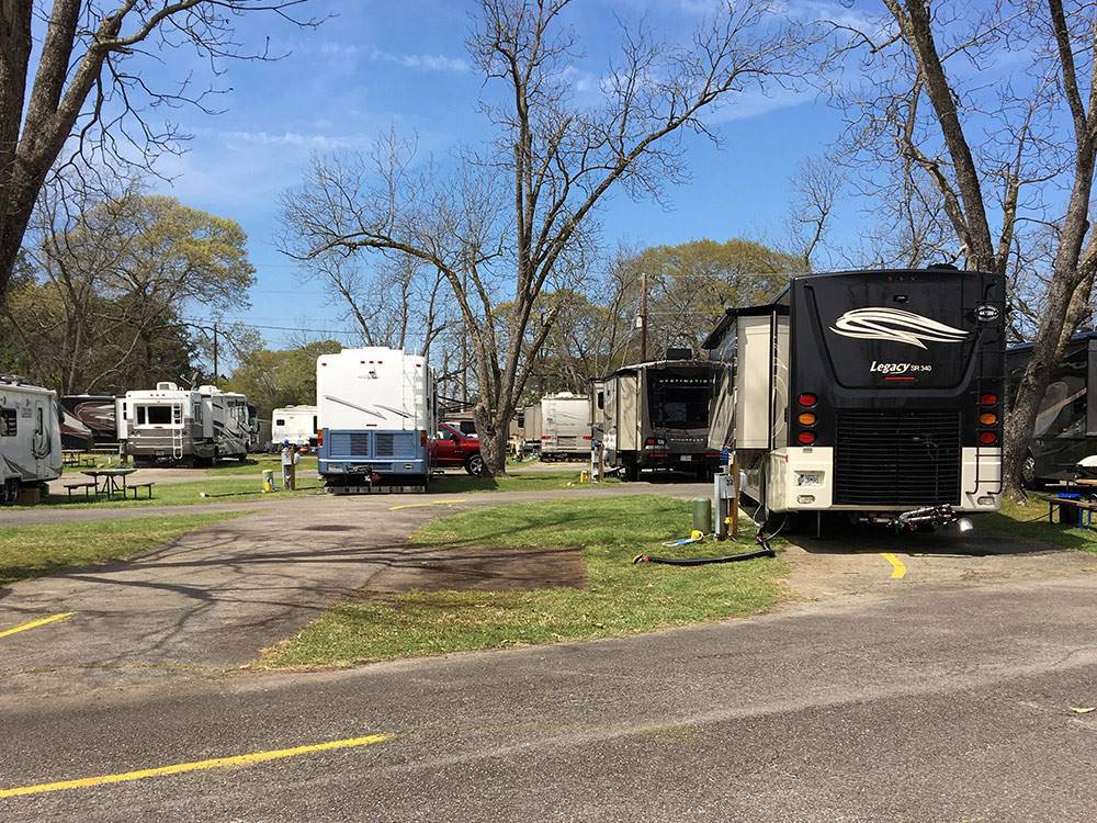 Paved RV campsites among the trees at CROSSROADS TRAVEL PARK