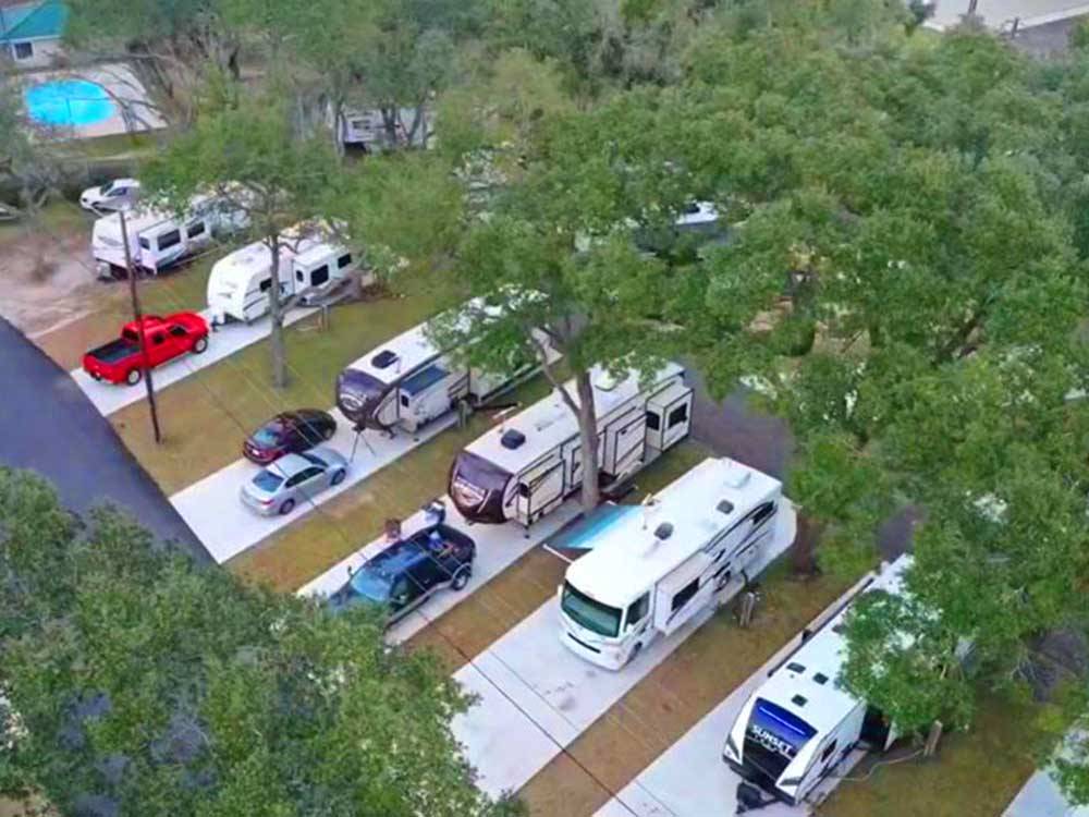 Aerial view of RV parked in paved sites at I-10 KAMPGROUND