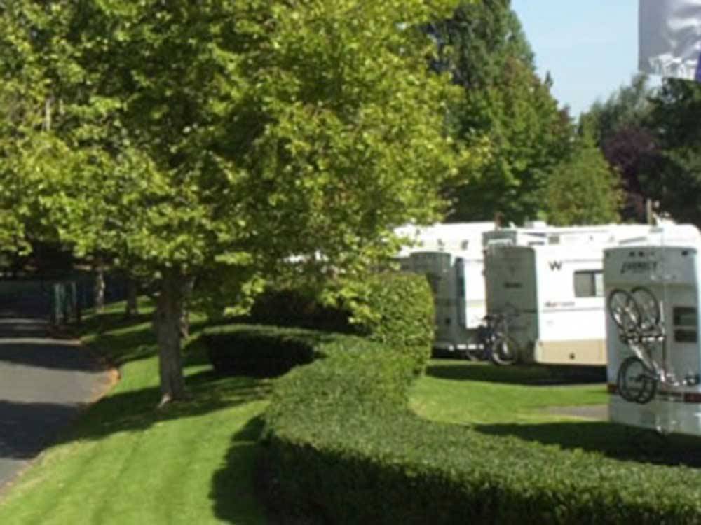 Trailers parked next to grass and road at JANTZEN BEACH RV PARK