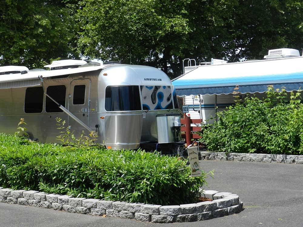 Silver Airstream parked with awning next to green plants  at JANTZEN BEACH RV PARK