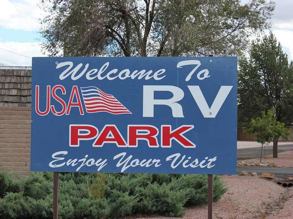 Park sign with campground name at USA RV PARK