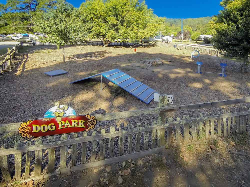 The fenced in dog park at CASINI RANCH FAMILY CAMPGROUND