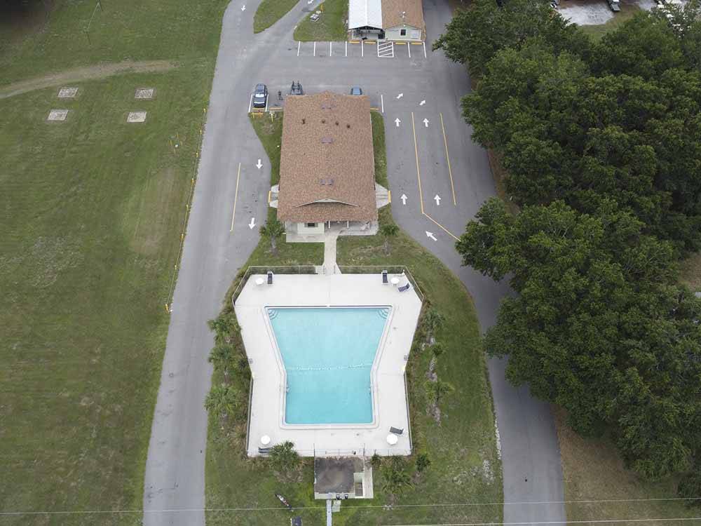 An aerial view of the pool and main office at STAGE STOP CAMPGROUND
