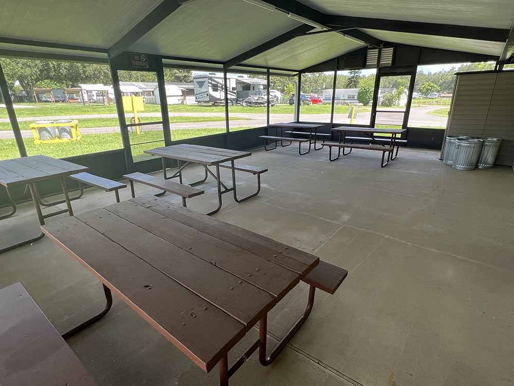 Picnic benches under the pavilion at STAGE STOP CAMPGROUND