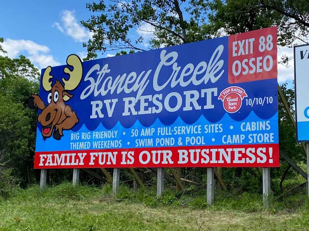 The front entrance billboard at STONEY CREEK RV RESORT