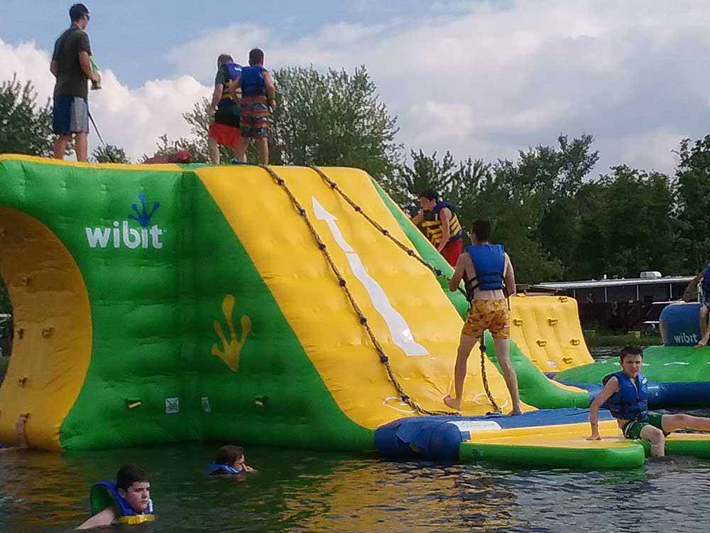 The inflatable playground on the lake at WOODSIDE LAKE PARK