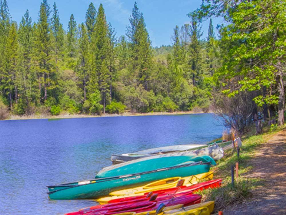 Canoes and kayaks on the shore at ROUND TOP CAMPGROUND