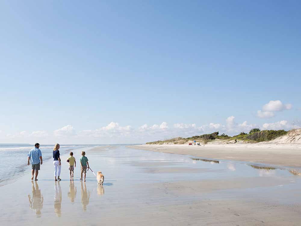 Family walking dog on the beach at JEKYLL ISLAND CAMPGROUND